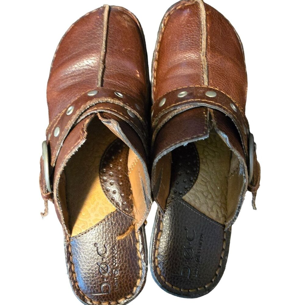 B.O.C Womens Brown Leather Slip-On‎ Clogs With Buckle & Stitch Detailing